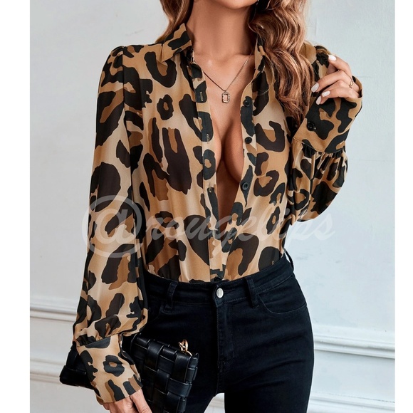 Brown Tan Sheer Button Down Cheetah Leopard Print Blouse Shirt Collared Animal - Picture 1 of 7